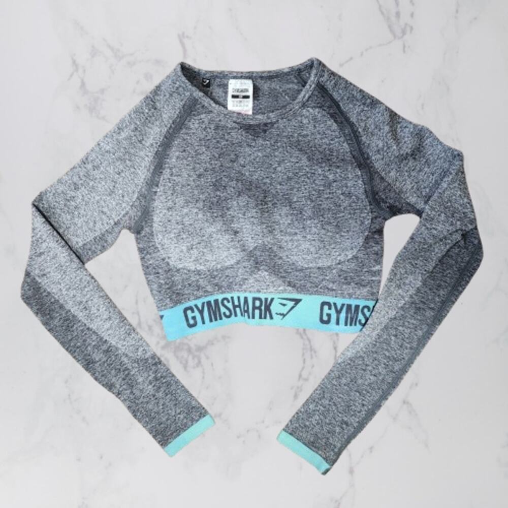 Gymshark Flex Long Sleeve Crop Top - Charcoal Marl/Dusky Teal XS